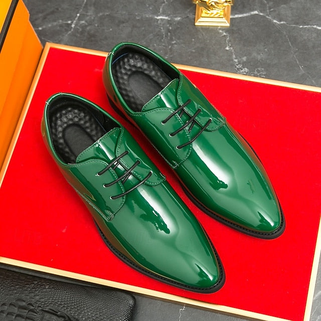 Formal for Green Leather Patent Shoes Glossy Men Lace-Up –