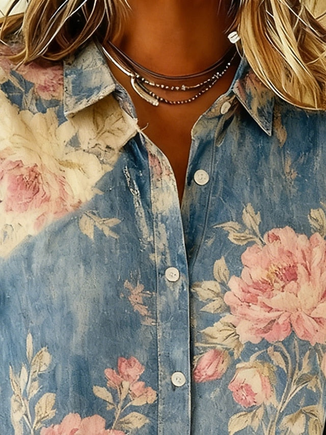 Women's Shirt Buttons Print Floral Bohemia Casual Long