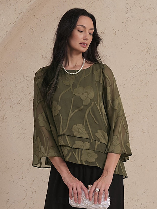 Women's Sheer Blouse Chiffon Tops Lace Asymmetric Hem