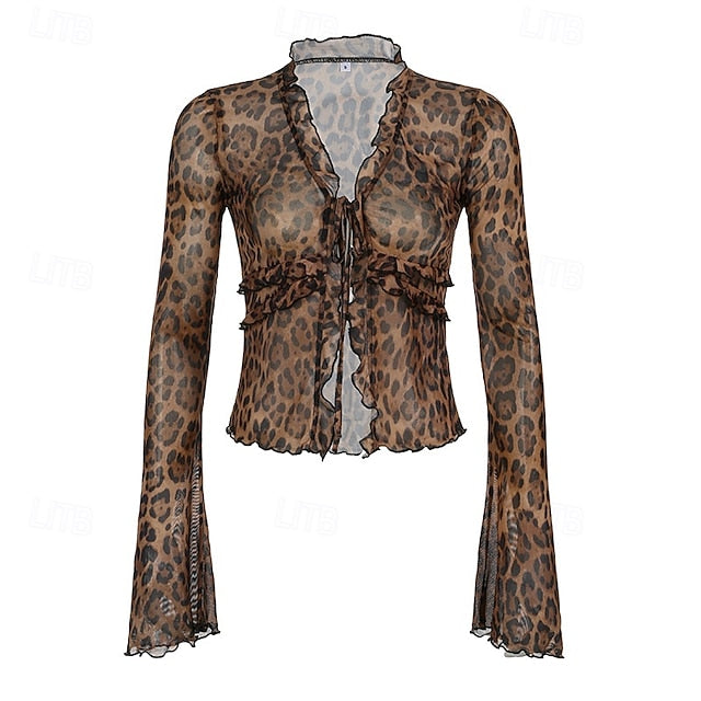 Retro Vintage 1970s Groovy Crop Top Disco Mesh Leopard Print