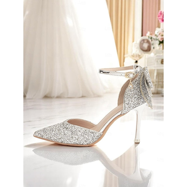 Heels - Pointed Toe Glitter Bow Women's Silver Sparkly