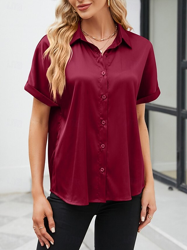 Women's Shirt Elegant Dressy Satin Top Buttons Solid Color