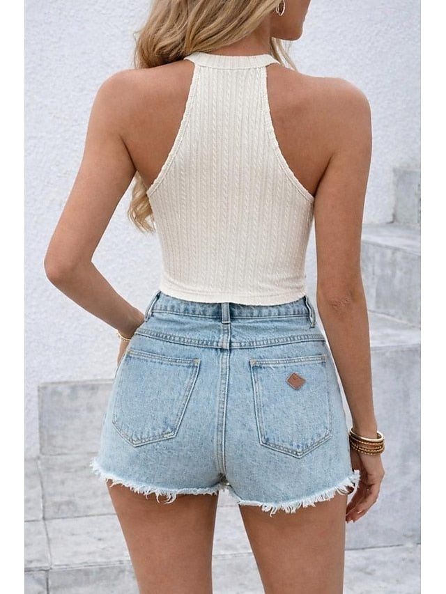 Women's Tank Top Cable Knit T-Shirt Slim fit top Tassel Hem