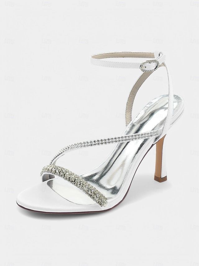 Champagne Sophisticated Strappy Heels Rhinestone Satin –