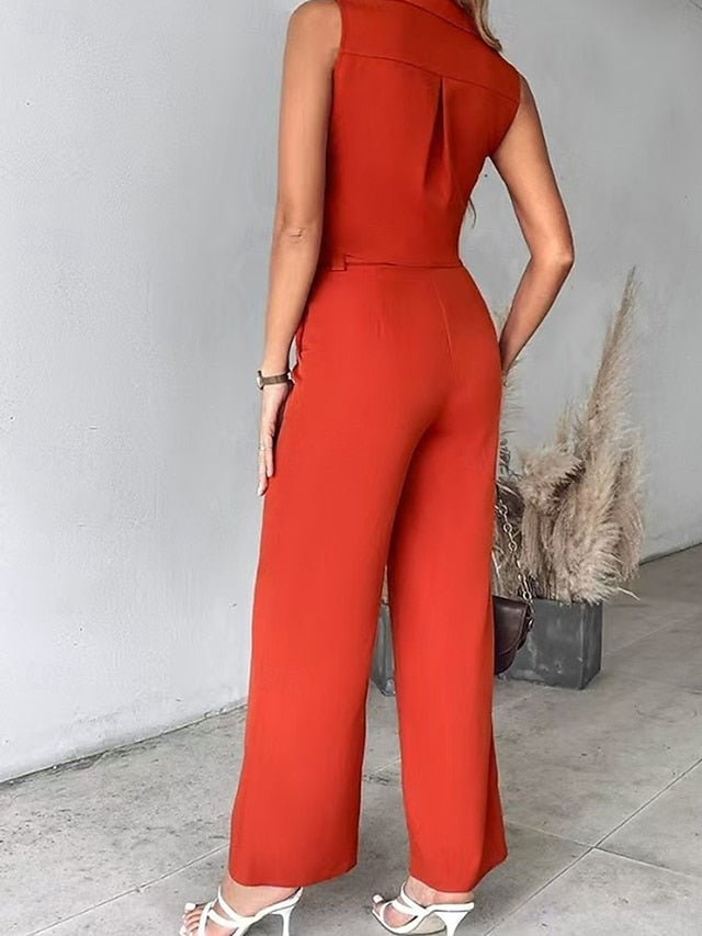 Women's Pants Sets Bolero Top Sleeveless Shirt Collar Plain