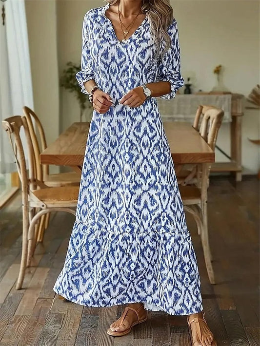 Women's Maxi Dress Bohemian Blue White Ikat Print V-neck