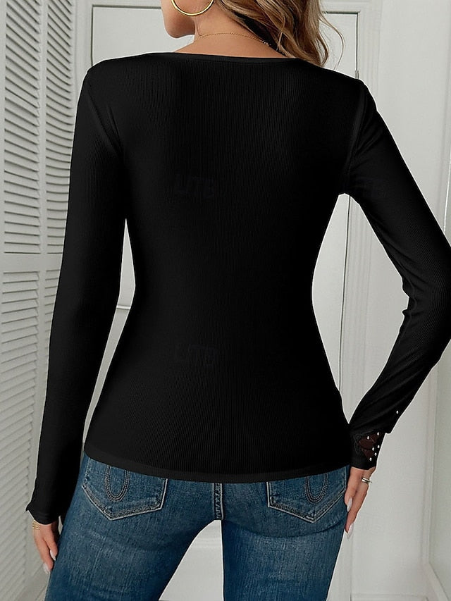 Women's T Shirt Tee Top Lace Patchwork Solid Color Elegant