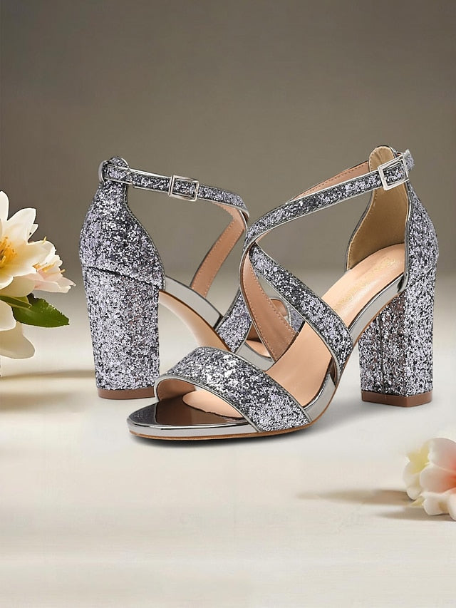 Sandals Block Women's Heel Gold Glitter