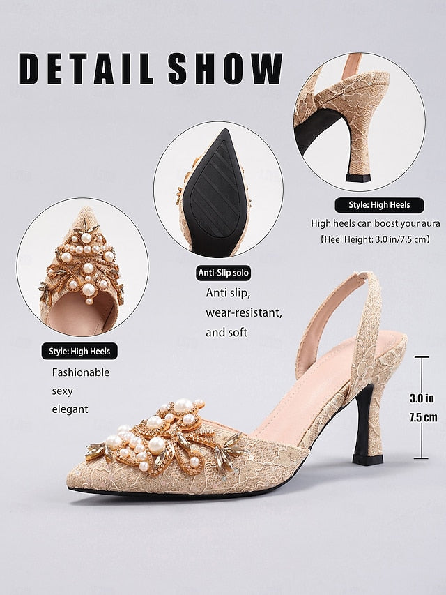 Heels Satin Slingback Detailing Women's Pearl with - Black