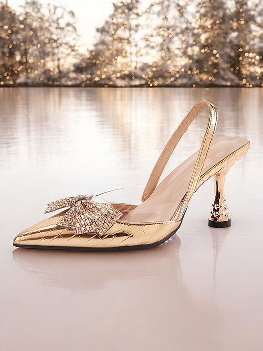 Detail Gold Heels Quilted with - Women's Slingback Bow