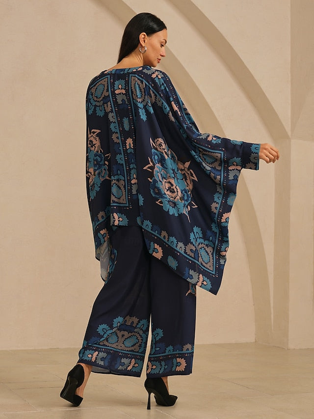 Women's Wide Leg Pants Chiffon Ethnic Floral Hawaiian Print