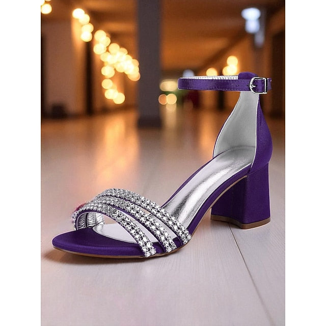 Rhinestone Satin Women's Purple Heel with Block Sandals
