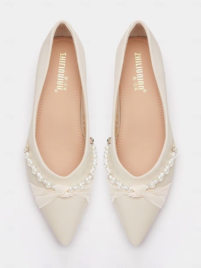 Low Elegant Heel Pointed Flats Pearl Women's - Embellished