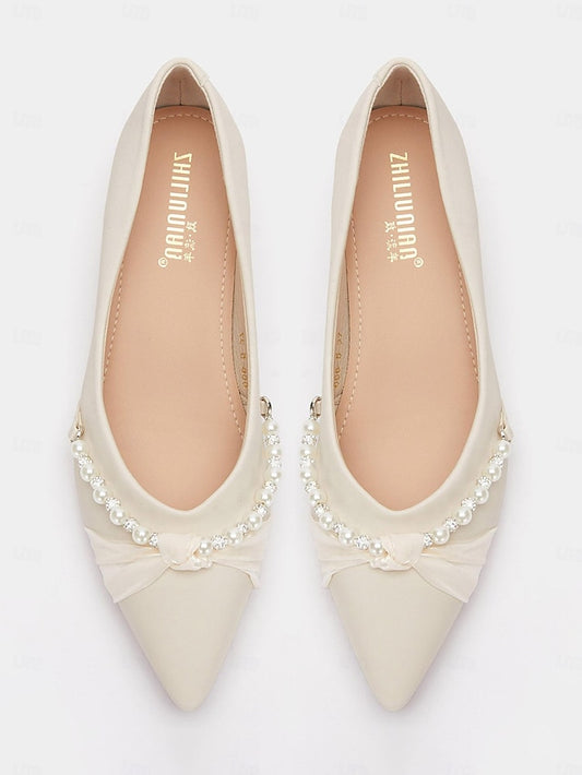 Low Elegant Heel Pointed Flats Pearl Women's - Embellished