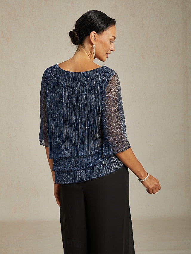 Women's Blouse Chiffon Tops Pleated Layered Metallic