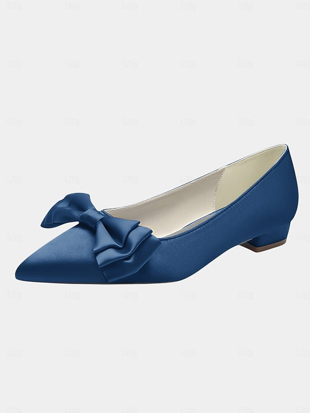 Women's Pointed Satin Bow Green - Flats Toe Elegant