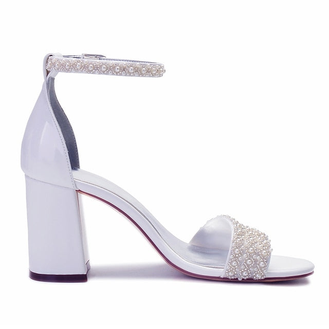 Ankle Block White Ivory Strap Embellished Women's Pearl