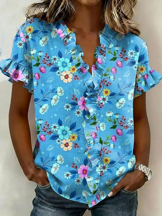 Women's Shirt Tunic Ruffle Floral Graphic Elegant Vintage