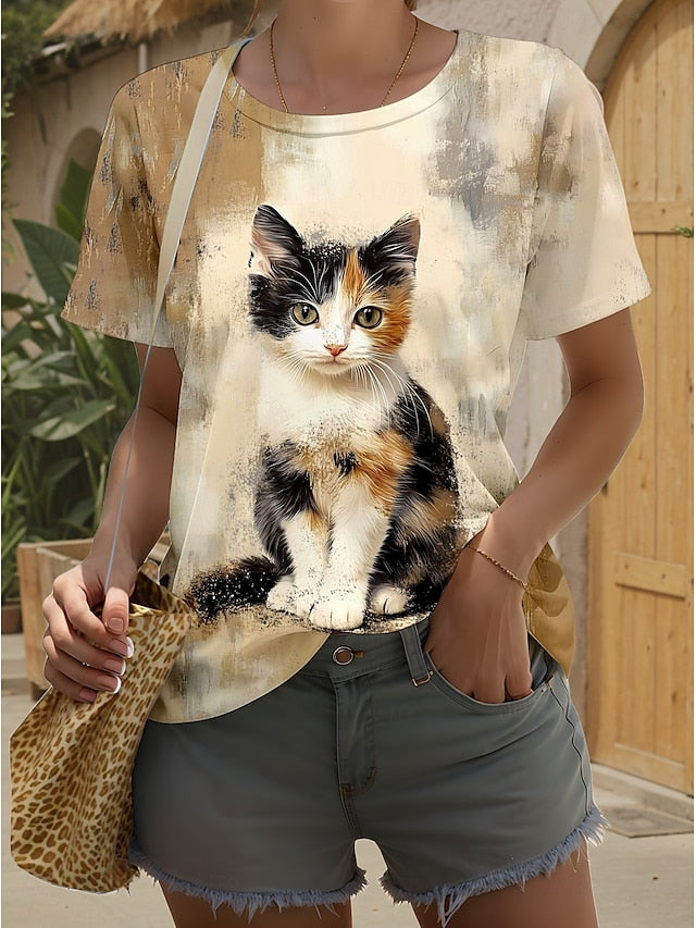 Women's T Shirt Print Graphic Animal Cat Stylish Classic