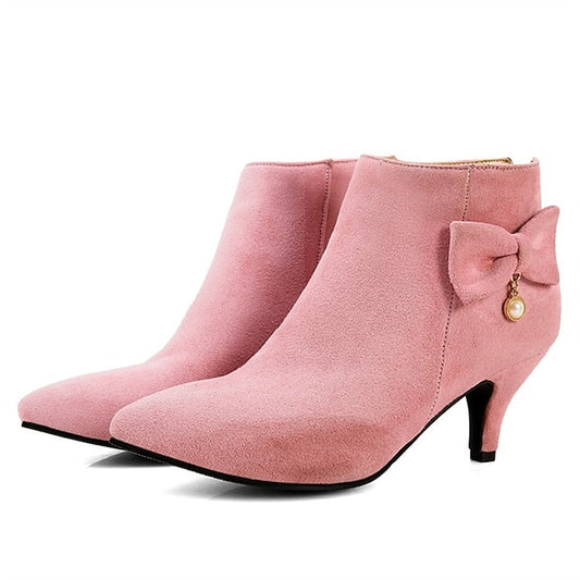 with Ankle Women's Bow Boots Charm and Suede Pearl Pink