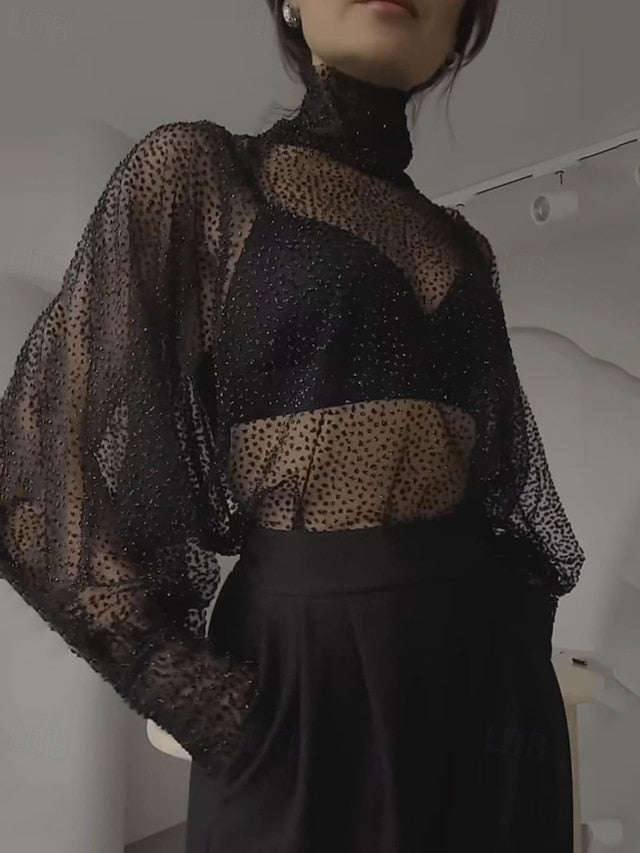 Women's Blouse Mesh Polka Dot Casual Long Sleeve High Neck