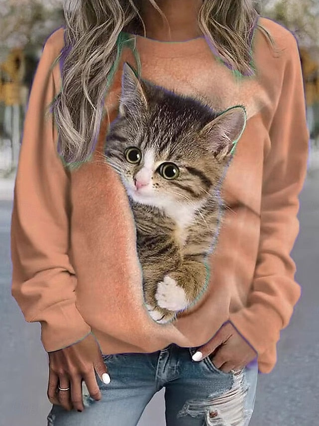 Women's Pullover Sweatshirt Graphic Animal Cat Casual Long