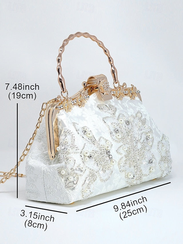 Elegant Pearl with and Evening Lace Handbag Floral White