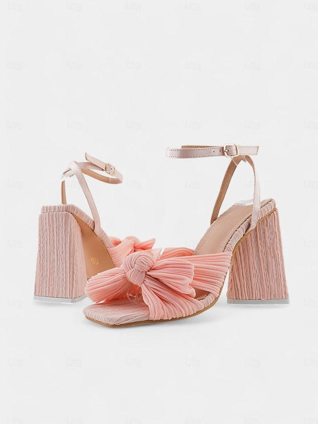 Gold Block and Heel Textured Knot Detail Rose with Sandals