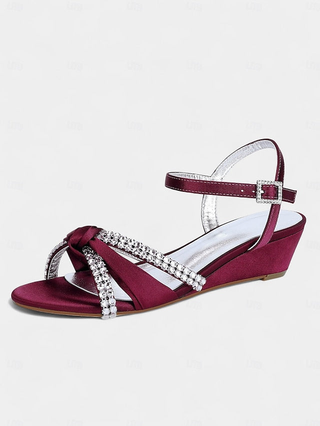 Satin Wedge Sandals Green Women's - Knot Rhinestone