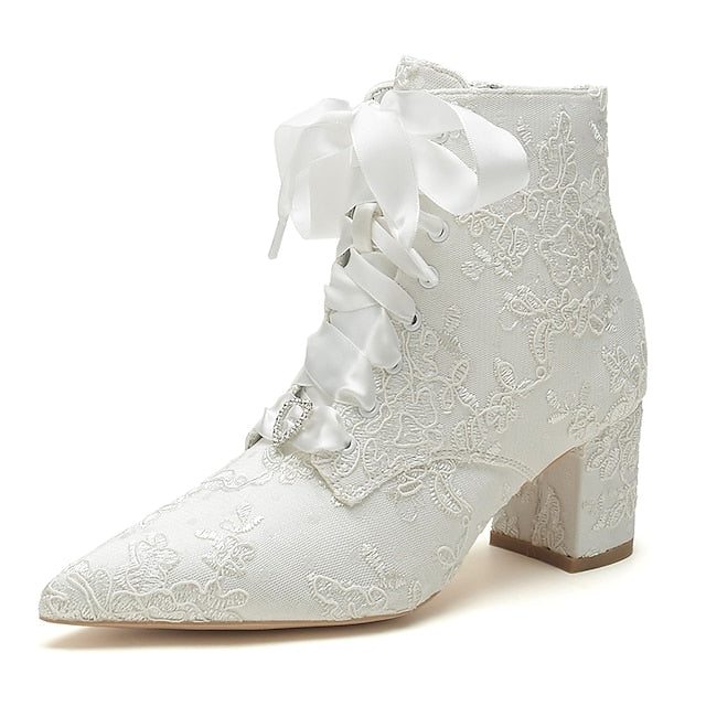 Lace-Up – White Women's Embroidered Booties Bridal Floral