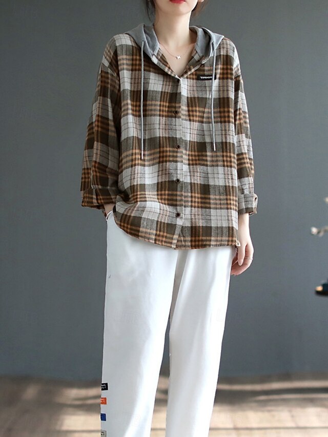 Women's Blouse Buttons Print Plaid Stylish Casual Long