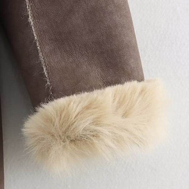 Fur Buttons Pocket Faux Coat Comfortable Warm Women's
