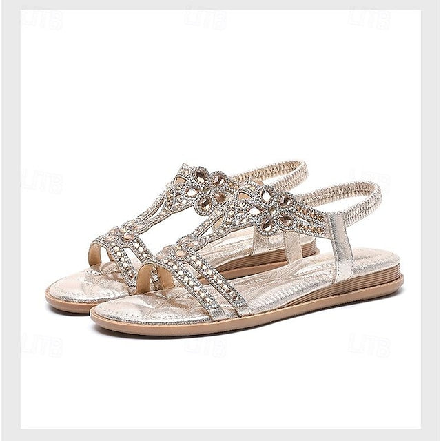 – T-Strap Women's Silver Boho Rhinestone Sandals Flat