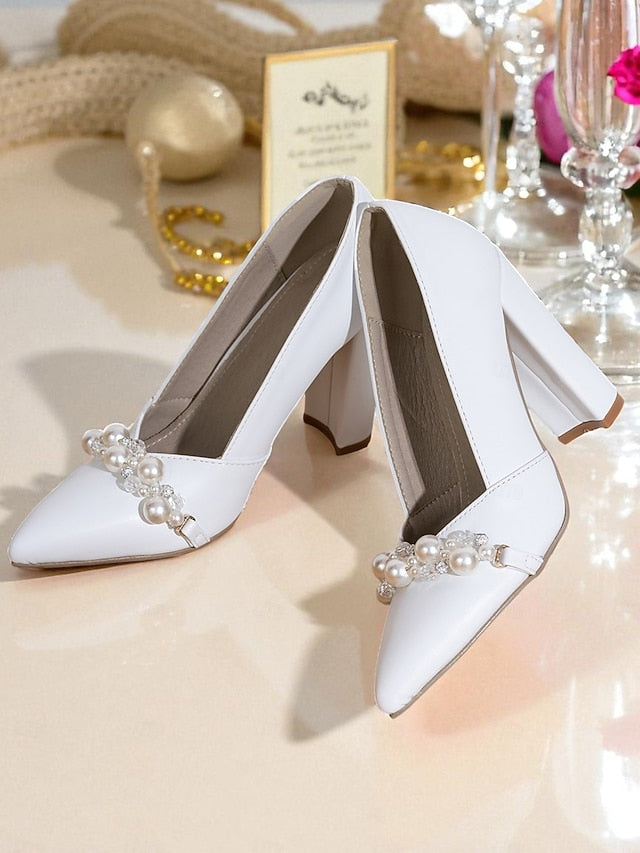 Pearl Heel Decor Block Pumps Women's White