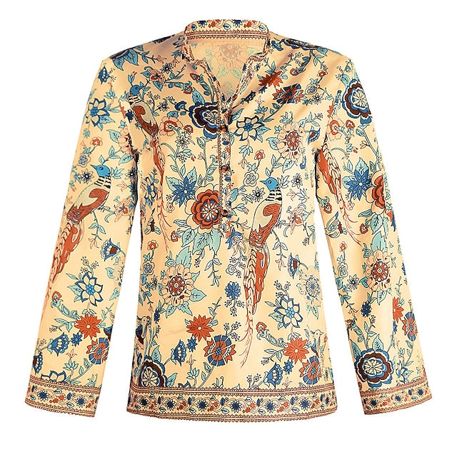 Women's Shirt Blouse Yellow Pink Dusty Rose Graphic Floral
