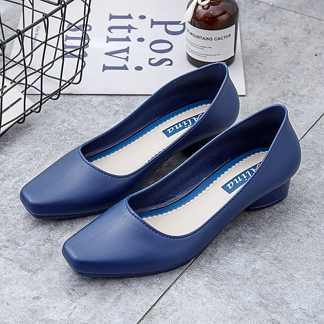Women's Toe Classic Low Heel Pumps Black Round Slip-On –