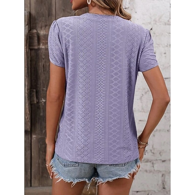 Women's T Shirt Eyelet Plain Fashion Stylish Classic Short