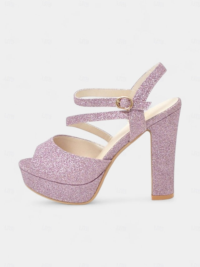 with Glitter High Platform Heel Women's Sandals Ankle Strap