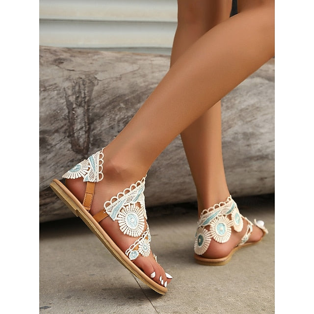 Lace Vintage-Inspired Women's Sandals Flat – Boho Floral