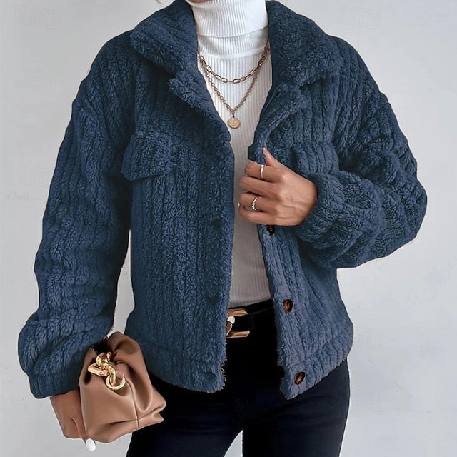 Warm Teddy Comfortable Coat Buttons Plain Casual Women's
