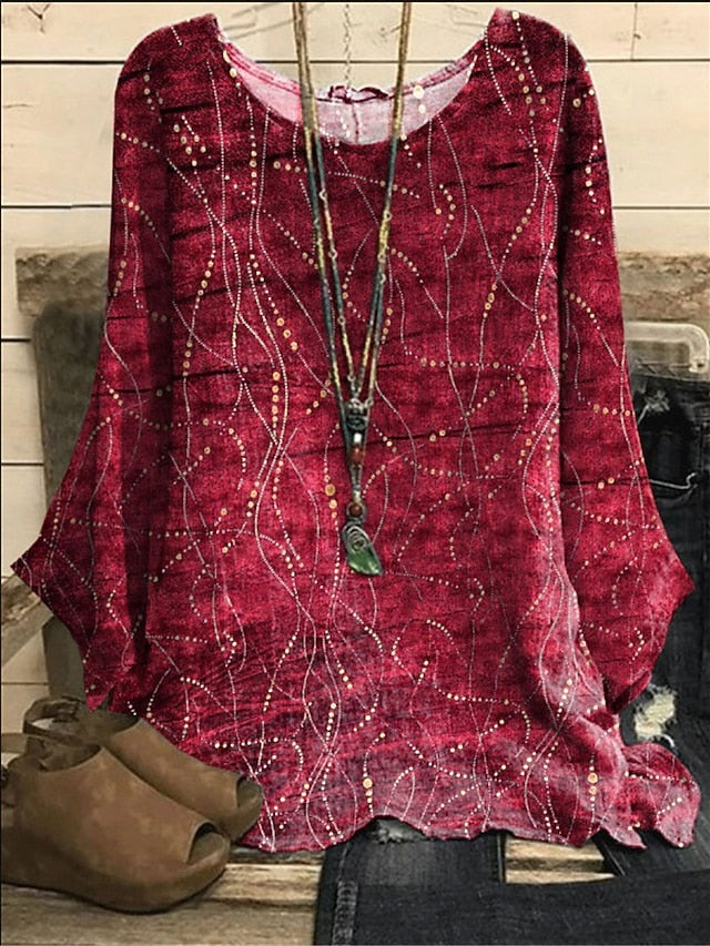 Women's Blouse Long Sleeve Pullover Top Leafy Print Bell