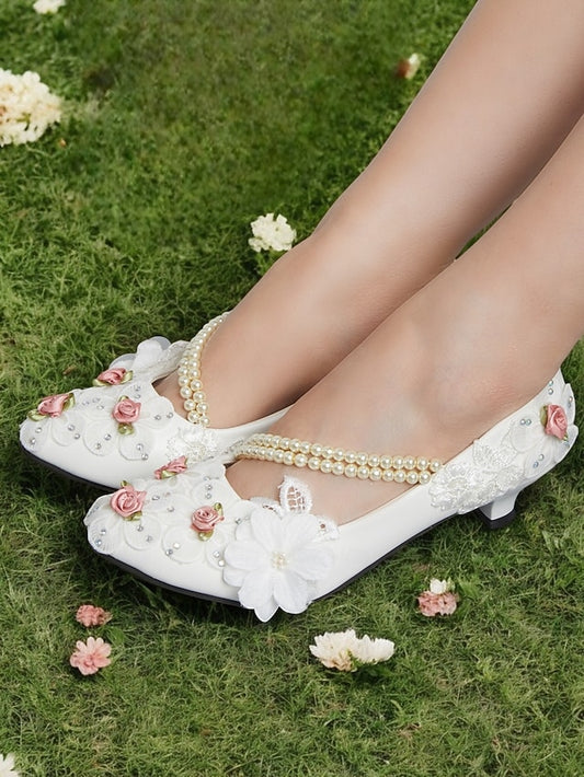 Pearl Embellished Shoes for Low White Bridal Heel Floral Strap