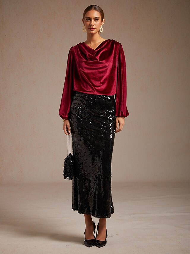 Women's Shirt Velvet Blouse Dressy Tops Elegant Cowl Neck