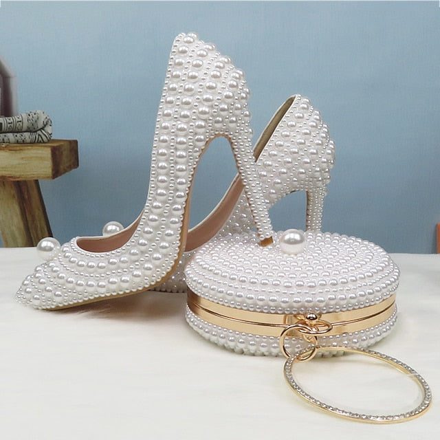 Heels Pearl Purse and Pearl-Embellished Round Stiletto Set White