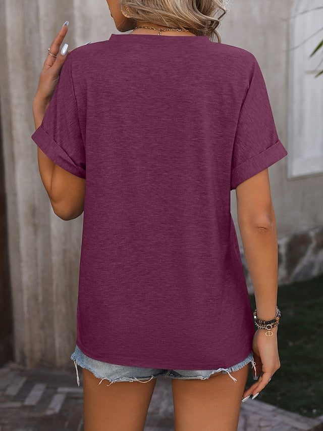 Women's T Shirt Tee Top Buttons Plain Fashion Stylish