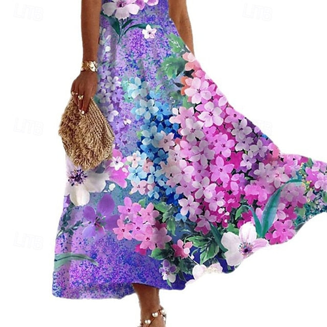Women's Midi Dress Floral Dress Halter Neck Dress Print