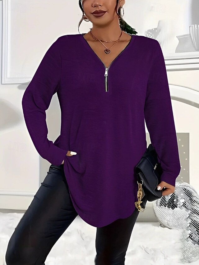 Women's T Shirt Zipper Solid Color Fashion Casual Long
