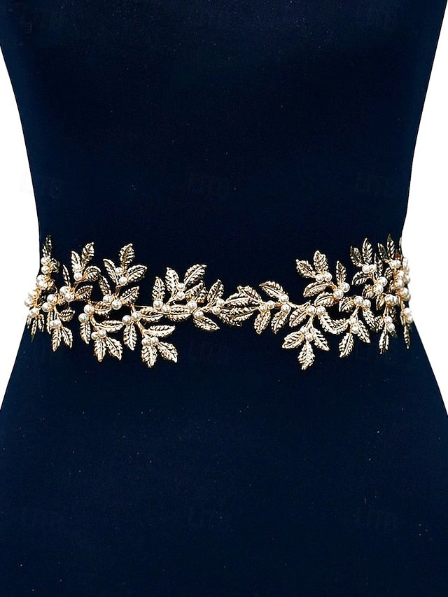 – Bridal Belt Elegant Leaf Pearl with Gold Accents