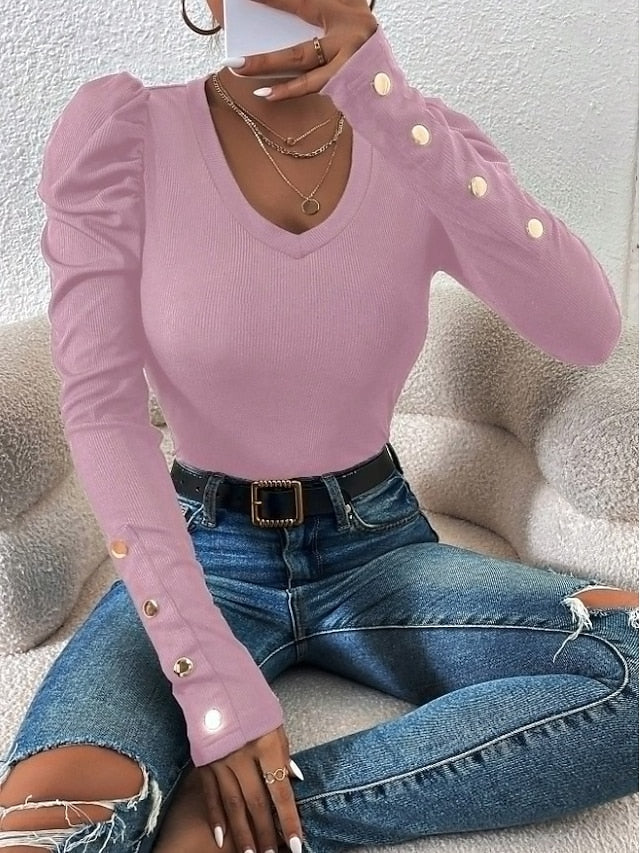 Women's Ribbed Knit Tops Patchwork Buttons Solid Color