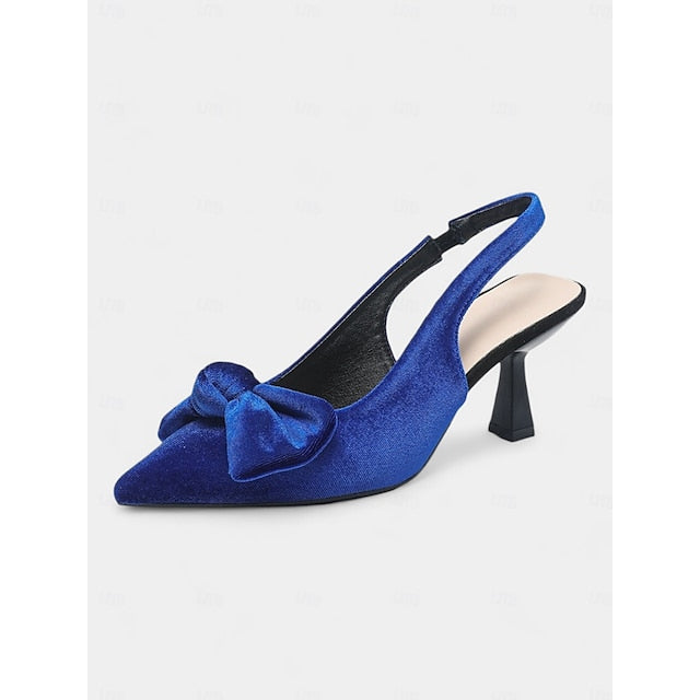 Velvet Pointed Toe Women's with Bow Slingback Heels Blue